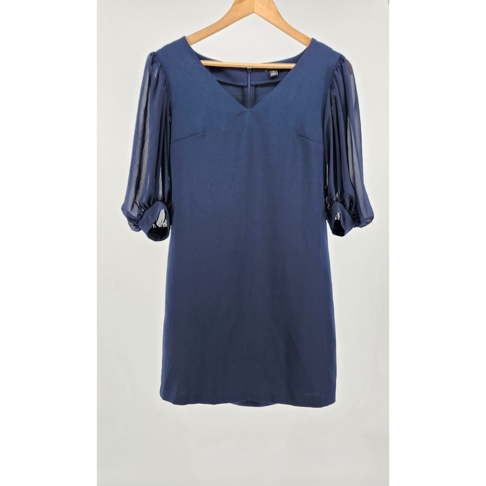 Ann Taylor Factory Navy Blue Sheer Puff Sleeve V-Neck Shift Dress Size 2
